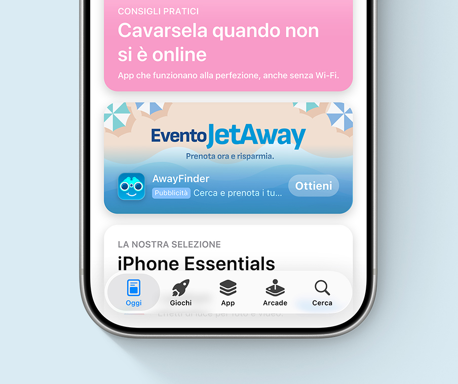 Un annuncio nel pannello Oggi per l’app di esempio AwayFinder che usa risorse creative raffiguranti una scena di spiaggia illustrata e una promozione speciale chiamata “JetAway Event”.