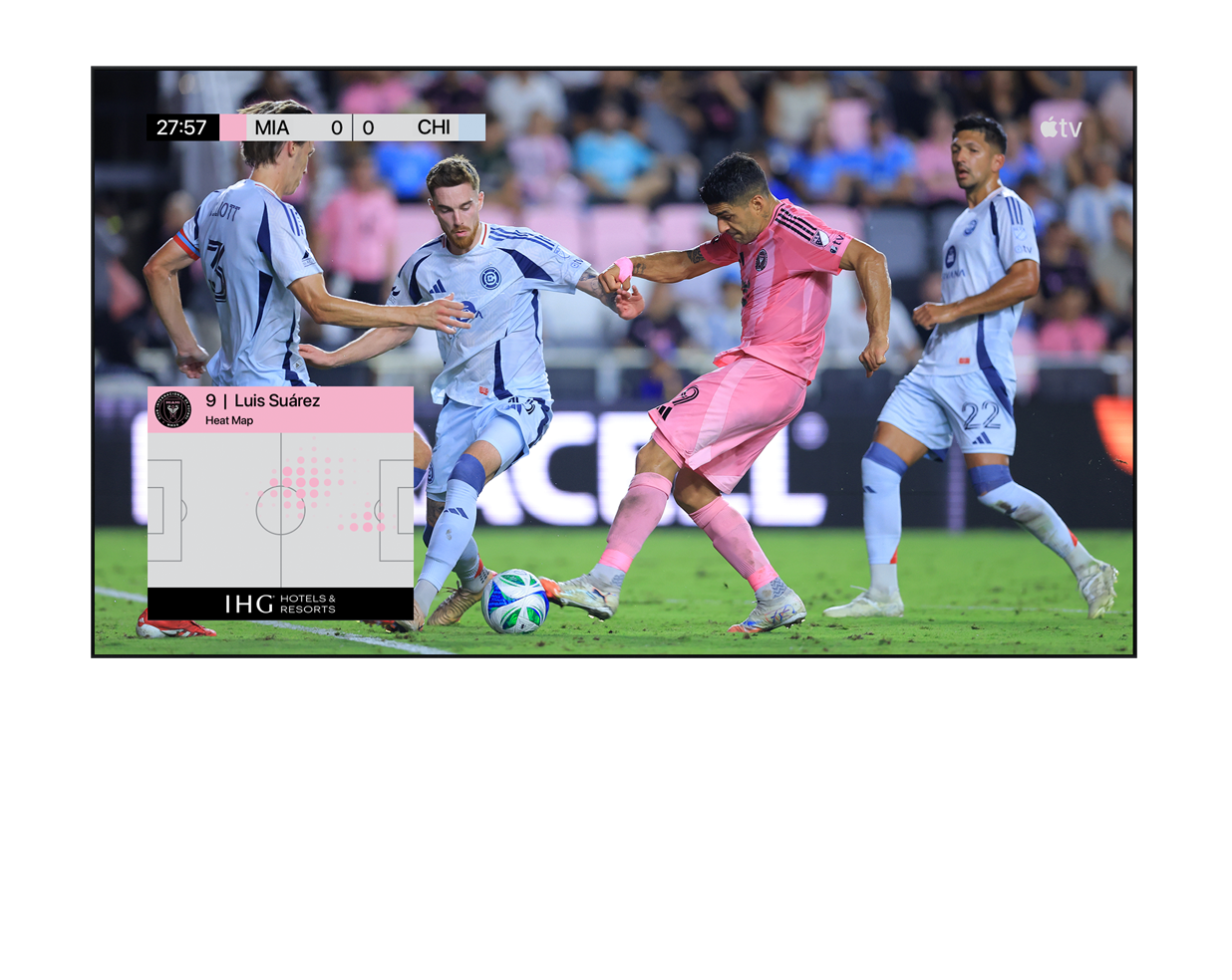 IHG Hotels & Resorts.が提供する、画面上にヒートマップ機能が表示されたMLSの試合のクリップ。