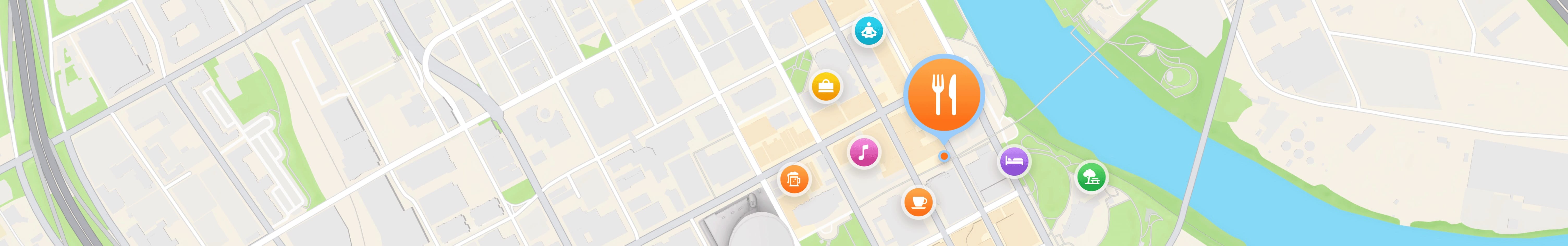 Location pins of various types of places — restaurants, hotels, parks, and more — populate on an Apple Maps interface.