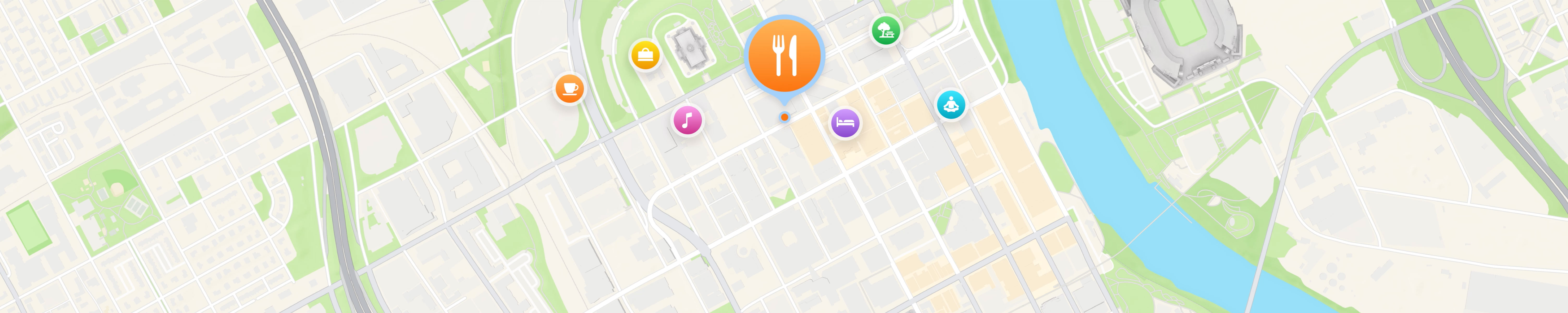 Auf der Benutzeroberfläche von Apple Karten werden Standort-Pins für verschiedene Arten von Orten wie Restaurants, Hotels und Parks angezeigt.