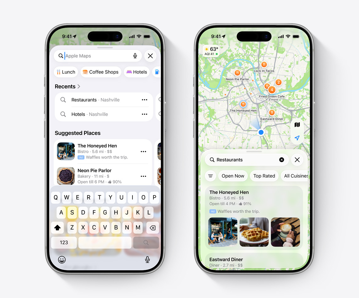 Auf einem iPhone wird in Apple Karten eine Liste mit „Vorgeschlagenen Orten“ angezeigt, wobei ganz oben eine Anzeige für das Beispielrestaurant „The Honeyed Hen“ steht. Auf einem anderen iPhone ist zu sehen, wie der Suchbegriff „Restaurants“ in das Suchfeld eingegeben wurde und eine Anzeige für „The Honeyed Hen“ erscheint, die Bilder und Informationen enthält, die das Unternehmen vorstellen.