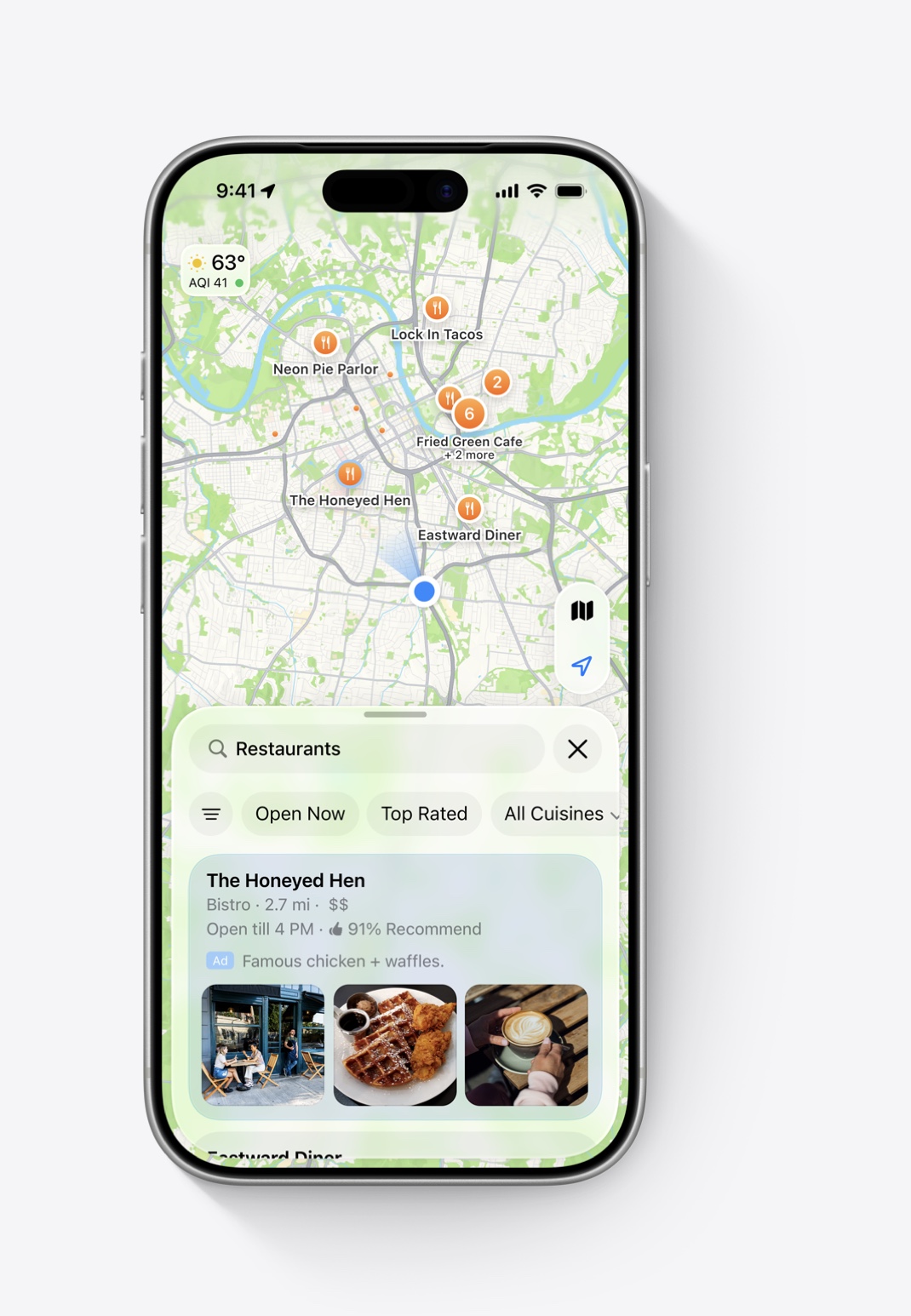 Apple Maps on iPhone shows results for the search term ‘Restaurants.’ Shows an ad for The Honeyed Hen with three accompanying photos: the restaurant exterior, a plate of chicken and waffles, a cappuccino. 