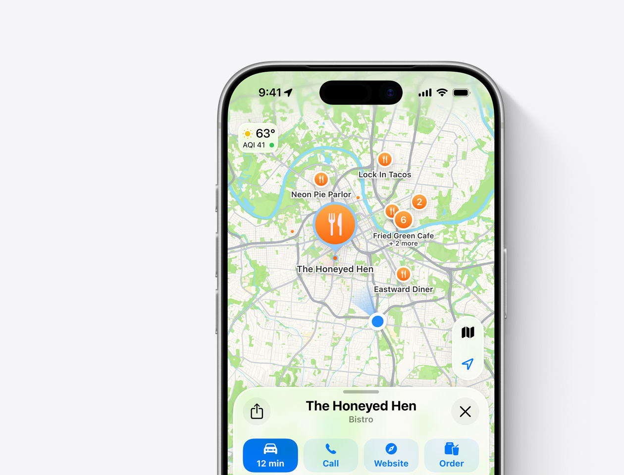 Apple Maps on iPhone shows Restaurant search results. The Honeyed Hen is selected and its fork and knife icon is enlarged on the map.