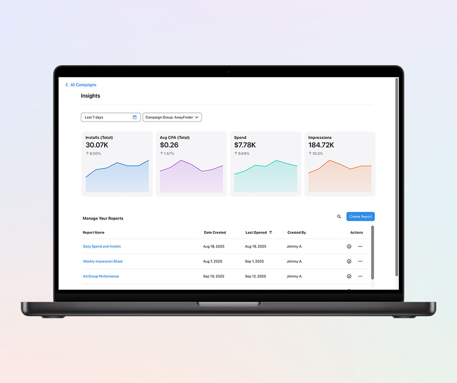 The Insights page in Apple Ads showing four graphic snapshots for the metrics total installs, total average cost-per-acquisition, spend, and impressions.