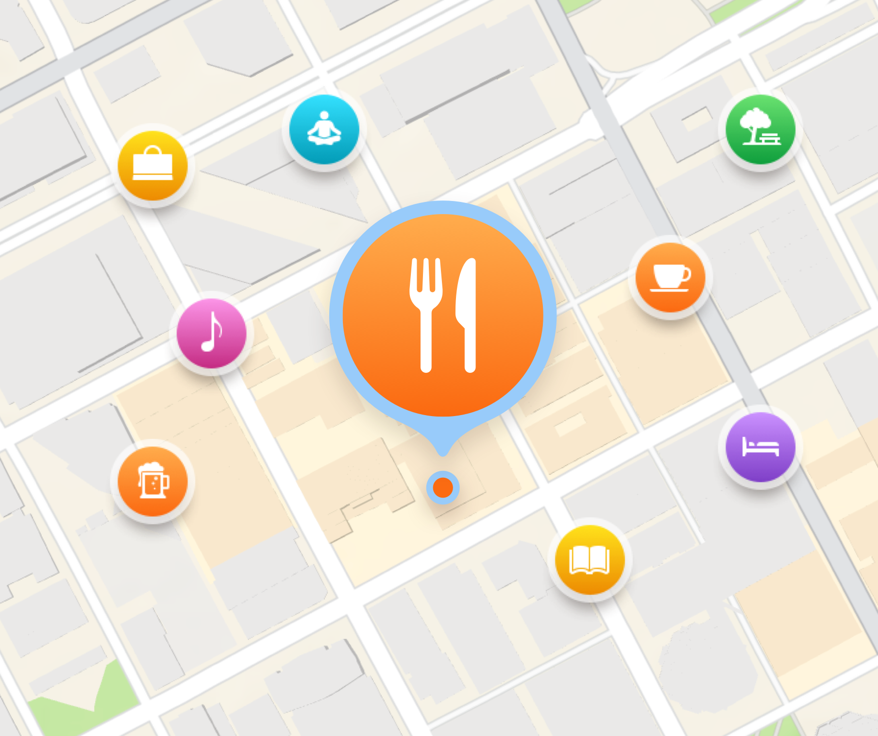Apple Maps city screen with several different types of business icons pinned on it. The fork and knife icon is enlarged with a blue ring around it.