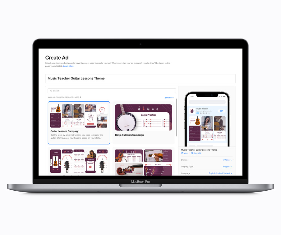 Uma tela do Mac mostrando a página Criar Anúncio, onde as variações de anúncios podem ser criadas usando páginas do produto personalizadas.