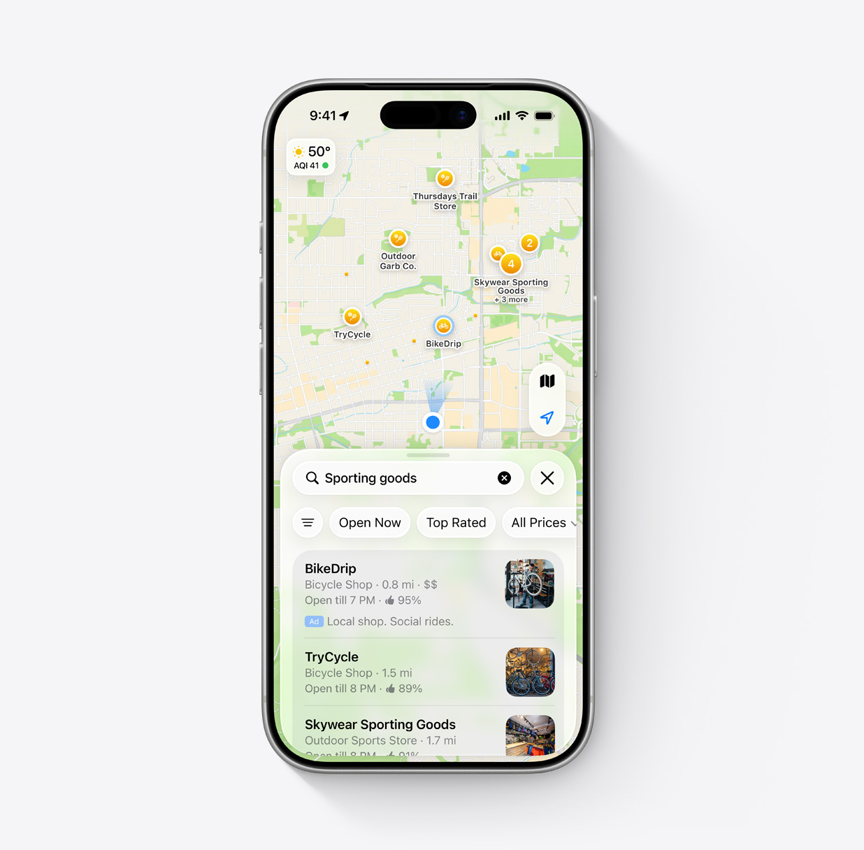 Apple Maps Benutzeroberfläche mit dem Suchbegriff „Sportartikel“ und Ergebnissen, bei denen eine Anzeige für den fiktiven Fahrradladen BikeDrip oben in der Liste erscheint.
