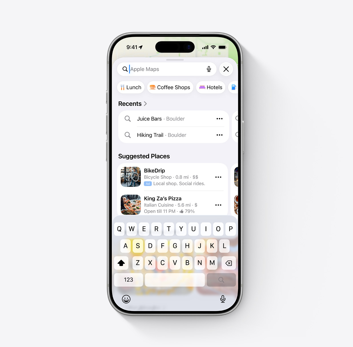 Apple Maps Benutzeroberfläche mit vorgeschlagenen Orten – mit einer Anzeige für den fiktiven Fahrradladen BikeDrip, die dort zu sehen ist.