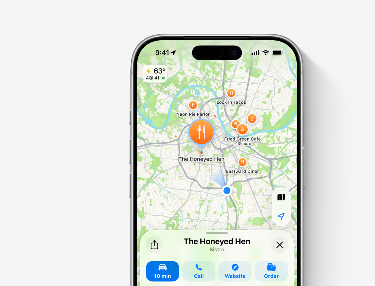 iPhone, Maps app, The Honeyed Hen is selected, bottom card shows options: Directions, 10 minutes, Call, Website, Schedule