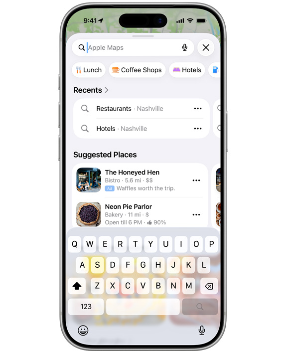 An example of a search home ad on iPhone. The ad appears at the top of the Suggested Places list.