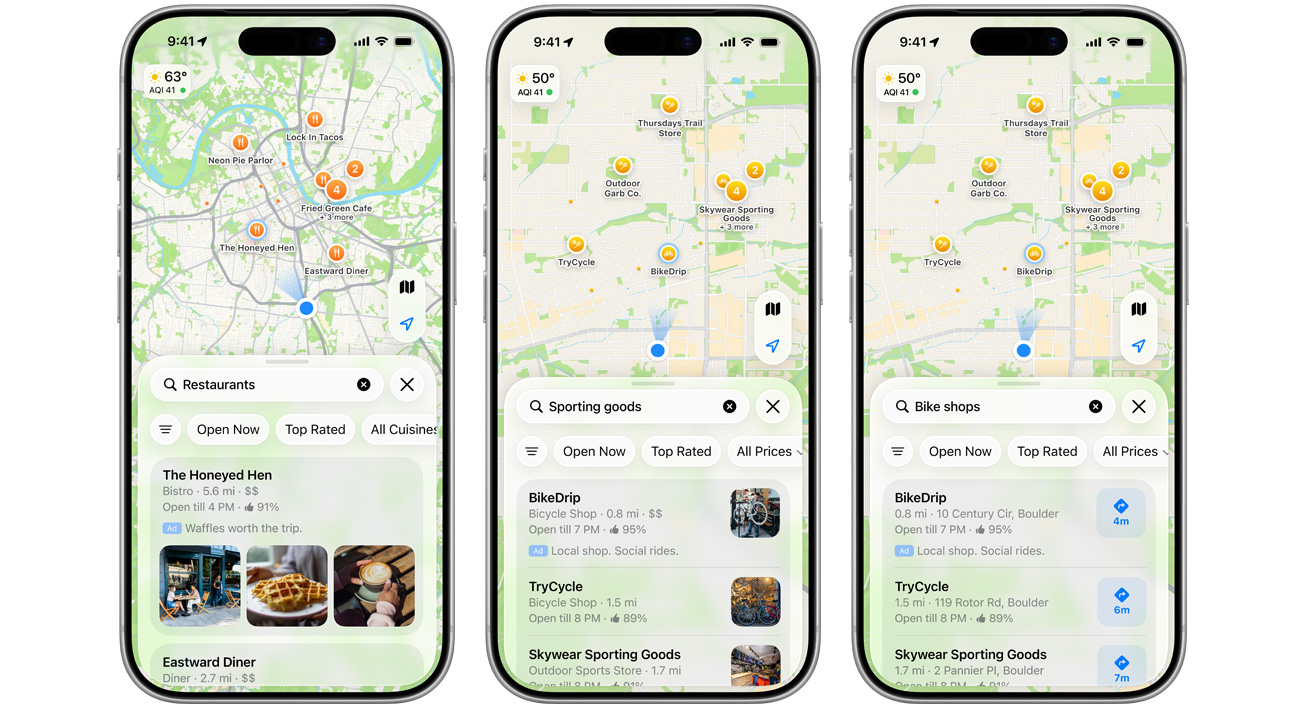 Examples of the three search results formats on iPhone. The first format is the 3-image format — the search query is “restaurants” and the ad displays three images related to the query. The second format is the 1-image format — the search query is “sporting goods” and the ad displays one image related to the query. The third format is text only — the search query is “bike shops” and the ad displays a directions button to the business.