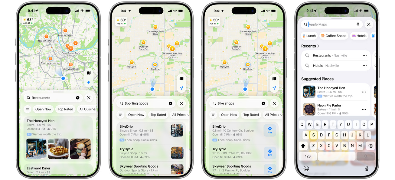 Four iPhones in a row. The first iPhone shows the search home placement, which is an ad placement in Maps at the top of the Suggested Places list. The second iPhone shows a search results ad with the 3-image format, the third iPhone shows a search results ad that lets you tap for directions, and the fourth iPhone shows a search results ad with a 1-image format.