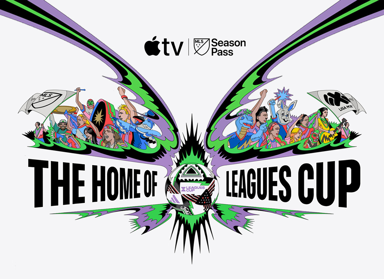 Оригинальная иллюстрация MLS Season Pass на Apple TV с надписью «The Home of Leagues Cup».