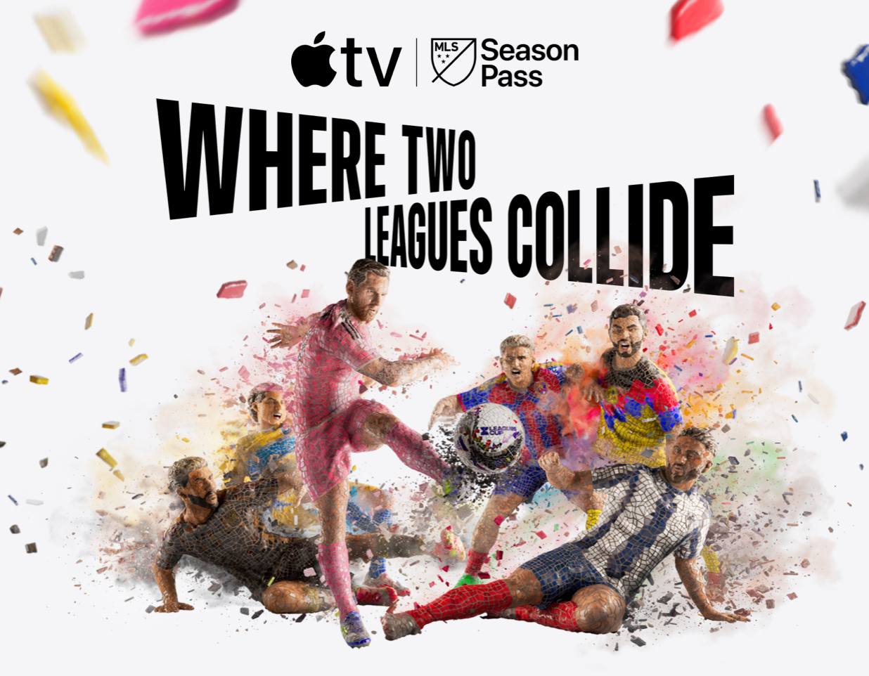 Оригинальная иллюстрация MLS Season Pass на Apple TV с надписью «Where two leagues collide».