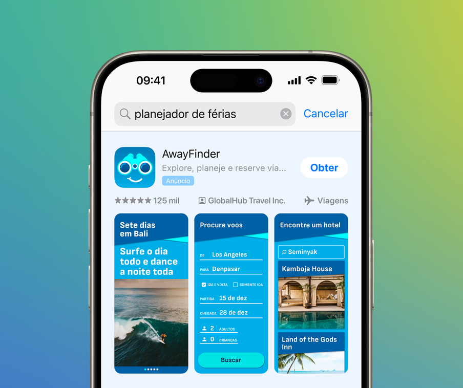 iPhone 上显示了 App Store 中一个广告展示位置，示例 app“AwayFinder”显示在搜索词“假期规划工具”搜索结果的顶部。