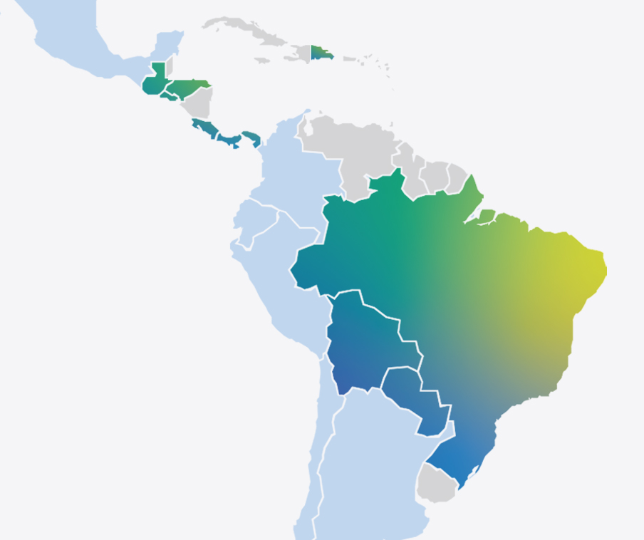 中美洲和南美洲地图，其中巴西、玻利维亚、哥斯达黎加、多米尼加共和国、萨尔瓦多、危地马拉、洪都拉斯、巴拿马和巴拉圭以蓝色、绿色和黄色高亮显示。