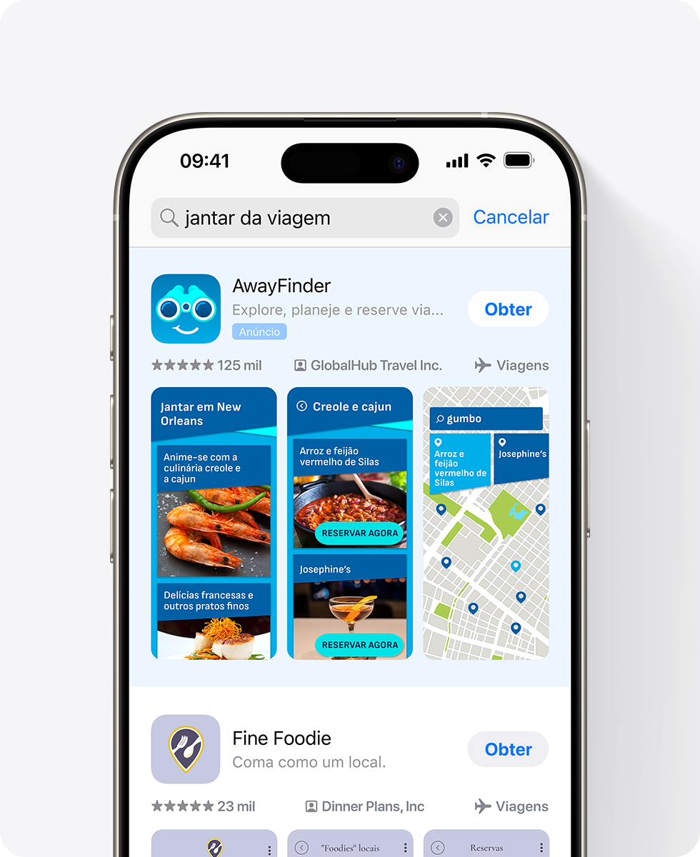 Um iPhone mostra um anúncio para o app de exemplo, AwayFinder, no topo dos resultados de busca da App Store. O anúncio inclui três capturas de tela relacionadas a jantar, e a consulta inserida na caixa de busca é "jantar de viagem".