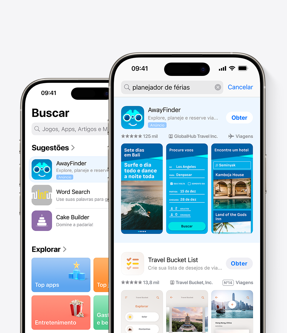 Dois aparelhos iPhone com a App Store aberta. Um iPhone mostra um anúncio do app de exemplo, AwayFinder, na aba Buscar. O outro mostra um anúncio do AwayFinder na parte superior dos resultados de busca, com o termo "planejador de férias" inserido na caixa de busca.