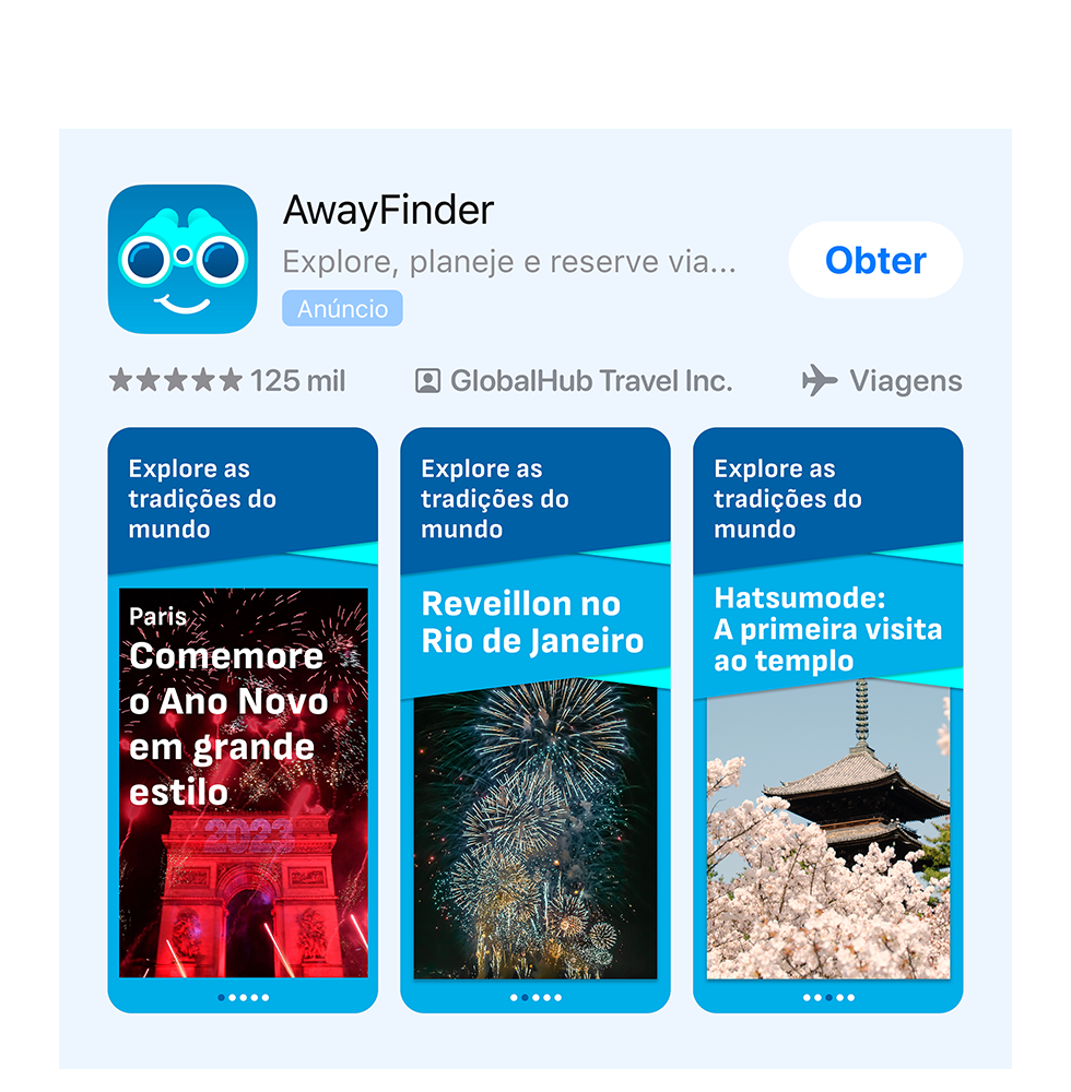 Uma variação do anúncio para um app de exemplo, AwayFinder, mostrando imagens festivas de Ano Novo. 