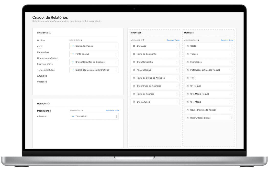 A página do Criador de Relatórios no Apple Search Ads Advanced, com dimensões e métricas de relatório disponíveis à esquerda e as dimensões e métricas escolhidas para o relatório personalizado à direita.