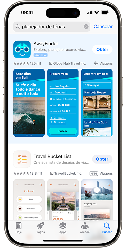 O termo "planejador de férias" está inserido na caixa de busca da App Store, e um anúncio do app de exemplo, AwayFinder, aparece no topo dos resultados de busca.