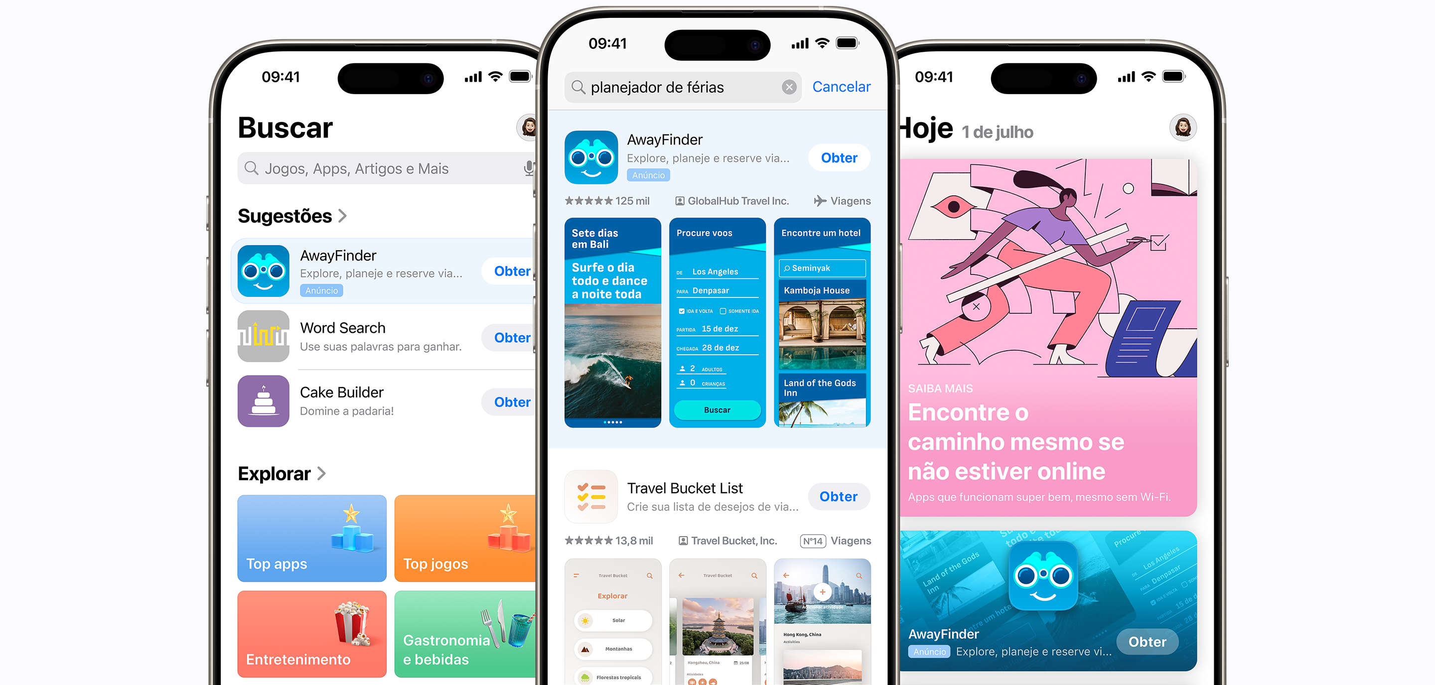 Três aparelhos iPhone mostrando diferentes colocações de anúncios na App Store. O primeiro mostra a aba Buscar com um anúncio do app de exemplo AwayFinder no topo da lista de apps sugeridos. O segundo mostra um anúncio de resultados de busca para o AwayFinder aparecendo no topo dos resultados de busca para o termo "planejador de férias". A terceira mostra a aba Hoje com um anúncio do AwayFinder colocado com destaque na página.