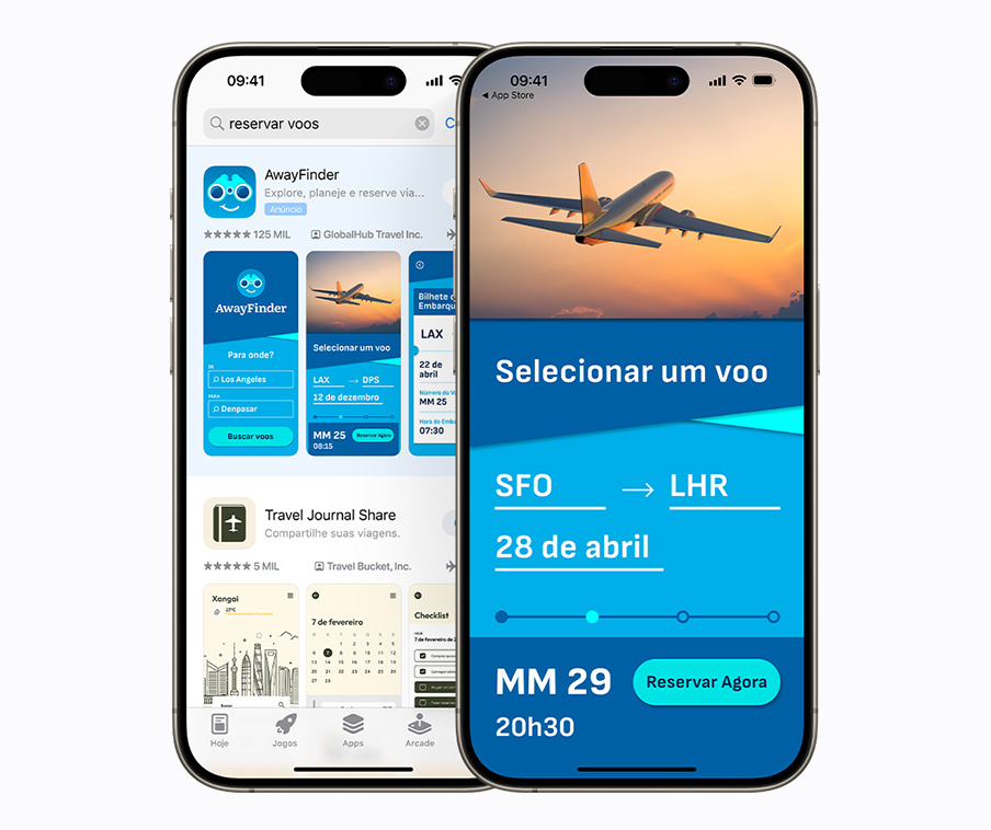 Dois aparelhos iPhone lado a lado. Um mostra um anúncio de resultados de busca para o app de exemplo Away Finder com o termo “reservar voos” inserido na caixa de busca. O outro mostra uma tela no app Away Finder com as opções de “selecionar um voo” e “reservar agora”.