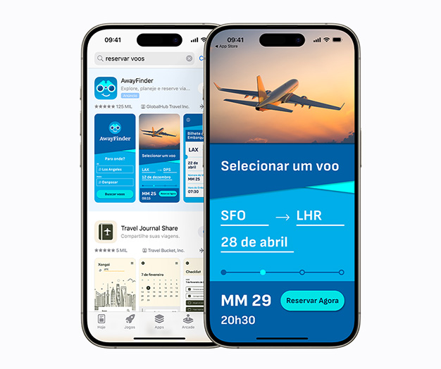 Dois aparelhos iPhone lado a lado. Um mostra um anúncio nos resultados de busca para o app de exemplo AwayFinder com o termo “reservar voos” inserido na caixa de busca. O outro mostra uma tela no app AwayFinder com as opções de “selecionar um voo” e “reservar agora”.