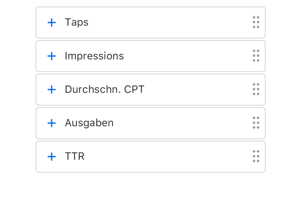 Fünf Berichtskennzahlen in den Schnittstellenkomponenten, mit denen per Drag & Drop ein benutzerdefinierter Bericht erstellt werden kann. Dies sind die Kennzahlen Taps, Impressions, Installationen, Ausgaben und TTR.