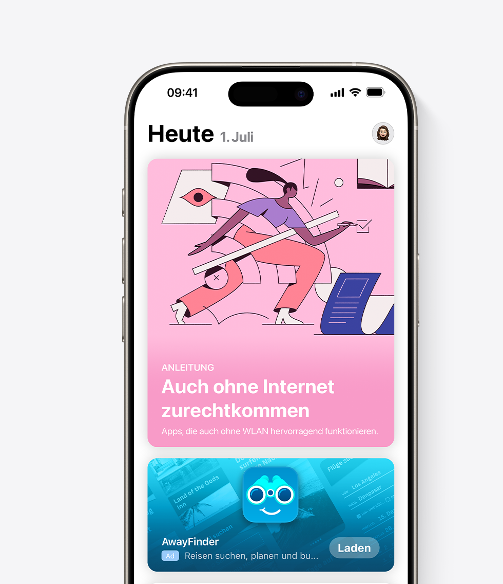 Ein iPhone mit geöffnetem App Store und einer Anzeige für die Beispiel-App „AwayFinder“, die gut sichtbar im Tab „Heute“ angezeigt wird. Die Anzeige zeigt das Symbol, den Namen und den Untertitel der App mit dem Text „Reisen anschauen, planen und buchen“.