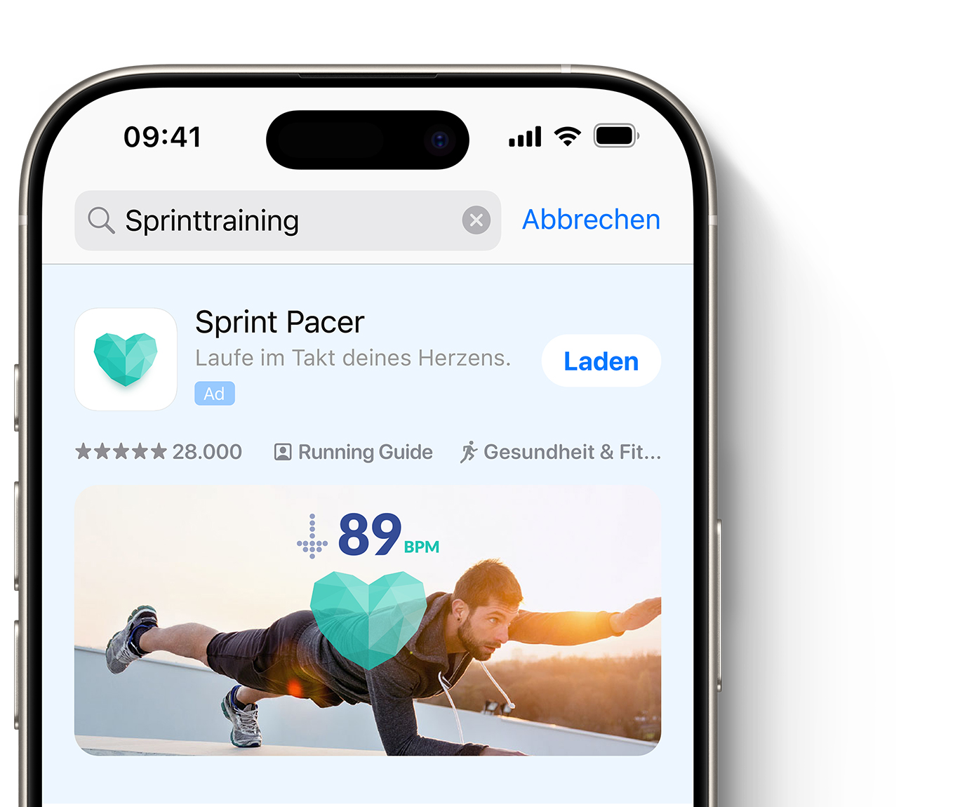 Eine Anzeige für die App „Sprint Pacer“ erscheint ganz oben in den App Store-Suchergebnissen. 