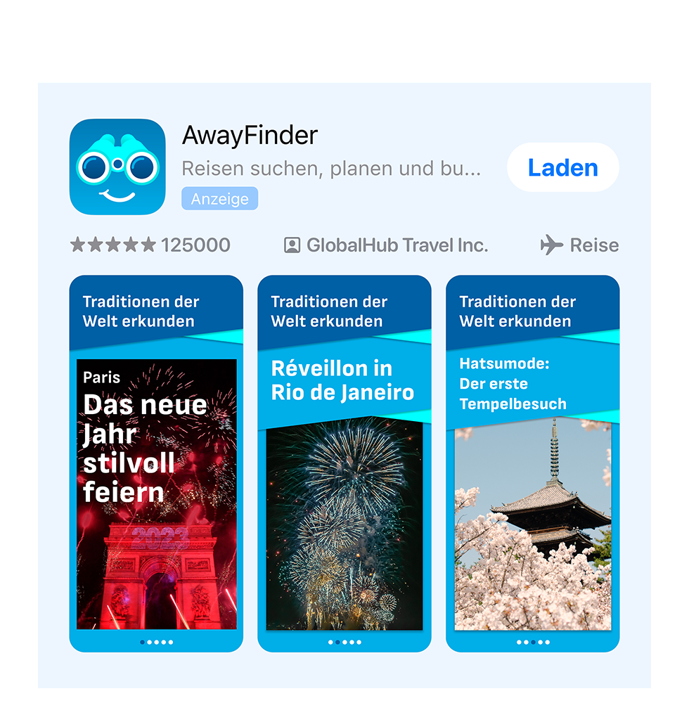 Eine Anzeigenvariante für eine Beispiel-App namens „AwayFinder“ mit Neujahrsfeuerwerk. 