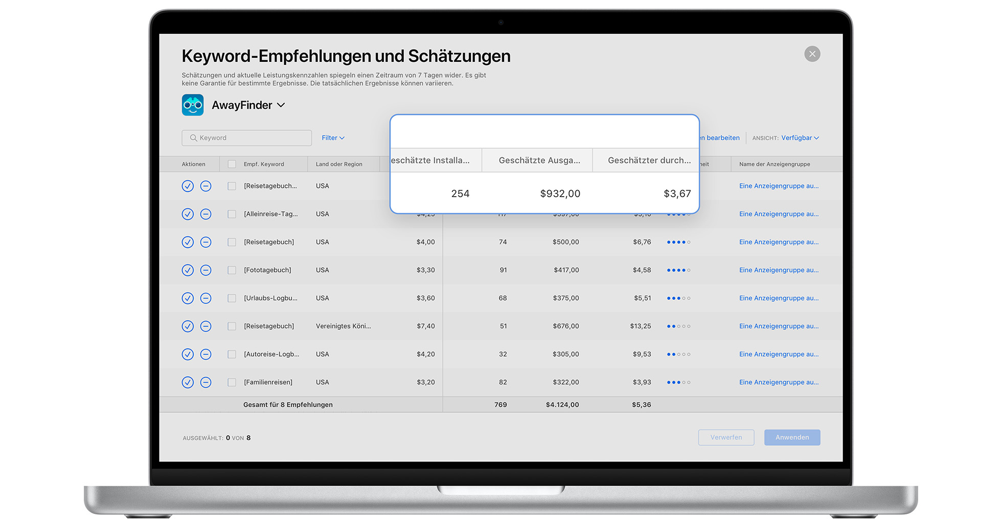 Auf der Apple Search Ads Advanced Seite „Keyword-Empfehlungen“ wird die Empfehlungstabelle nach Keyword, empfohlenem CPT Höchstgebot, geschätzten Installationen, geschätzten Ausgaben, geschätztem durchschnittlichem CPA und mehr angezeigt.