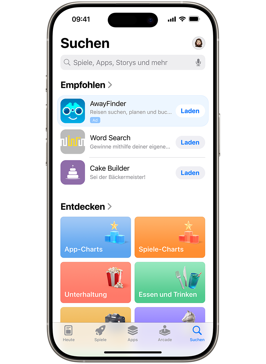 Ein iPhone mit geöffnetem App Store. Eine Anzeige für die Beispiel-App „AwayFinder“ wird im Tab „Suchen“ oben in der Liste der vorgeschlagenen Apps angezeigt.