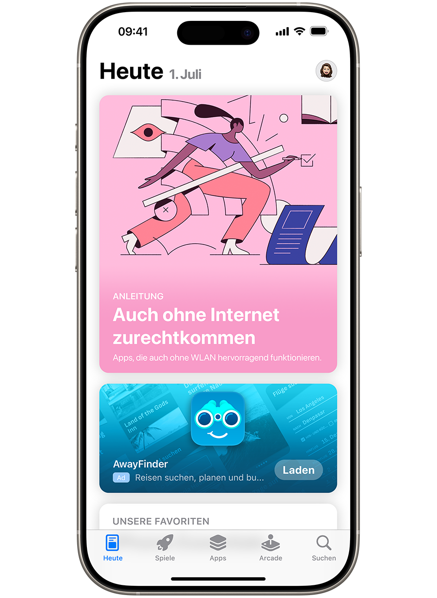 Ein iPhone mit geöffnetem App Store und einer Anzeige für die Beispiel-App „AwayFinder“, die gut sichtbar im Tab „Heute“ angezeigt wird. Die Anzeige zeigt das Symbol, den Namen und den Untertitel der App mit dem Text „Reisen anschauen, planen und buchen“.