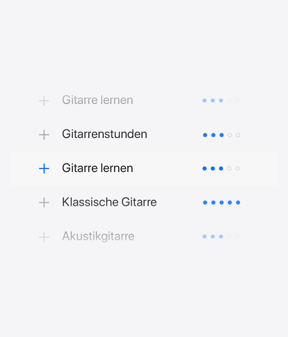 Eine Liste mit vorgeschlagenen Keywords im Zusammenhang mit Musik. Die vorgeschlagenen Keywords haben auf ihrer linken Seite Pluszeichen und auf der rechten Seite fünf Kreise. Je mehr Kreise eingefärbt sind, desto höher ist das Beliebtheitsranking des Keywords.