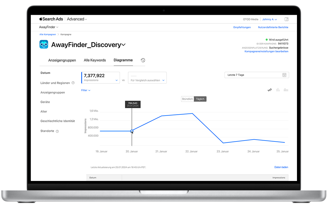 Das Diagramm-Dashboard in einer Kampagne in Apple Search Ads Advanced, das ein Kurvendiagramm mit den Gesamtwerten der Impressions über einen Zeitraum von sieben Tagen anzeigt. 