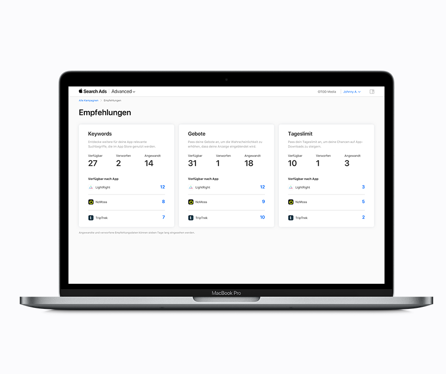 Die Seite „Empfehlungen“ mit verfügbaren, verworfenen und angewendeten Empfehlungen für Keywords, Gebote und Tageslimit.