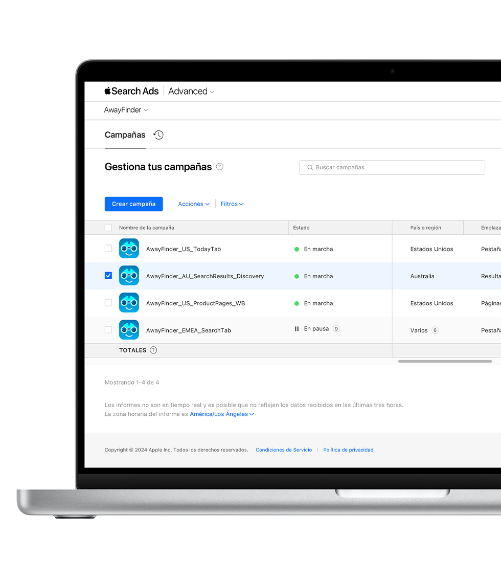 Un informe de gráfico de barras creado con Insights en Apple Search Ads Advanced. El gráfico mide las instalaciones en la páginas de producto, los resultados de búsqueda, la pestaña Buscar y las ubicaciones de anuncios de la pestaña Hoy.