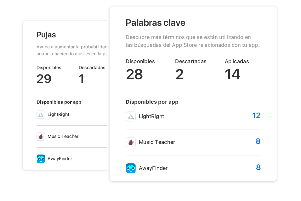Dos módulos de la página Recomendaciones en Apple Search Ads Advanced. Uno muestra el número de recomendaciones de pujas disponibles por app. El otro muestra el número de recomendaciones de palabras clave disponibles por app.