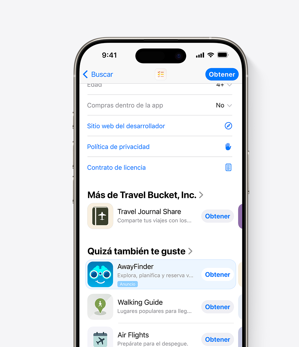 Un iPhone con el App Store abierto. Aparece un anuncio de la app de ejemplo AwayFinder en la parte inferior de una página de producto del App Store, donde los usuarios lo verían si se desplazaran hacia abajo en la página.