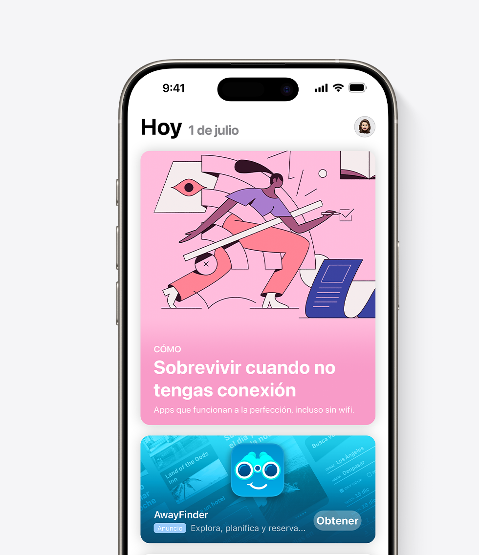 Un iPhone con el App Store abierto y un anuncio de la app de ejemplo AwayFinder en un lugar destacado en la pestaña Hoy. El anuncio muestra el icono, el nombre y el subtítulo de la app, que dice «Explorar, planificar y reservar un viaje».