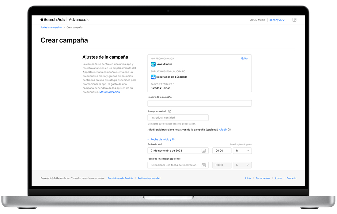 La página Crear campaña en Apple Search Ads Advanced, que muestra los ajustes de la campaña. Hacia la parte inferior de la pantalla, debajo de los campos vacíos del nombre de la campaña y el presupuesto diario, se ha abierto un enlace azul con la etiqueta Fecha de inicio y Fecha de finalización para mostrar los campos Fecha y hora de inicio y los campos de Fecha y hora de finalización opcionales.