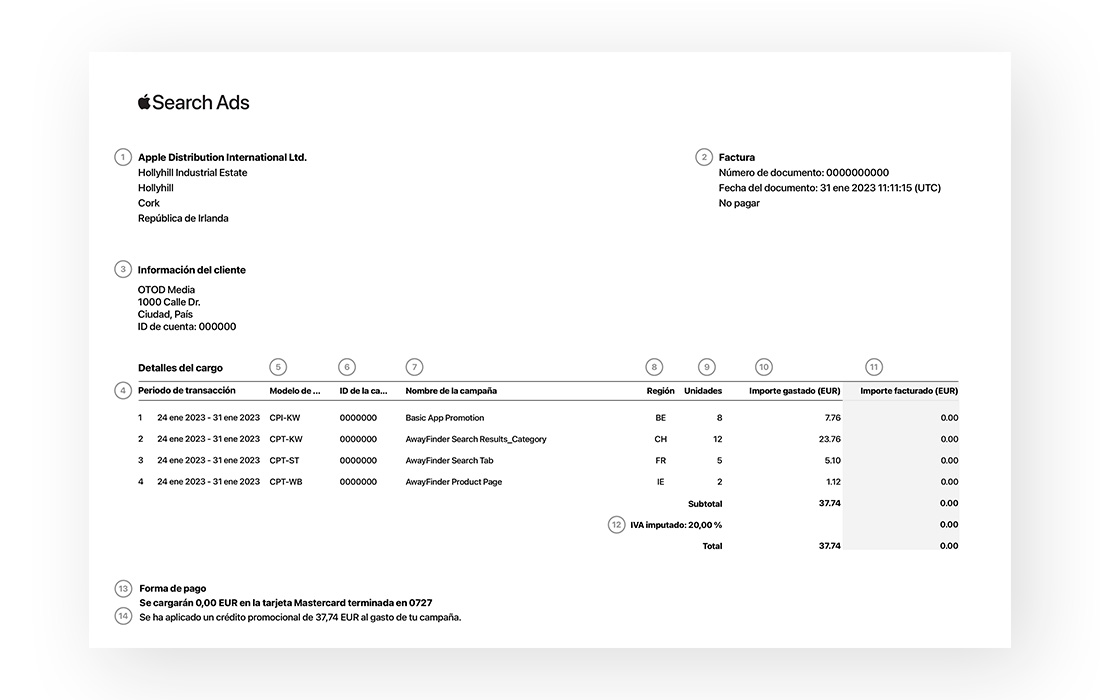 Ejemplo de factura de Apple Search Ads con números que se corresponden con los elementos de la factura. La parte superior de la factura muestra la entidad de facturación, la información del cliente y los detalles de la factura. Debajo están los detalles del cargo. En la parte inferior de la página aparecen el método de pago y los créditos promocionales.