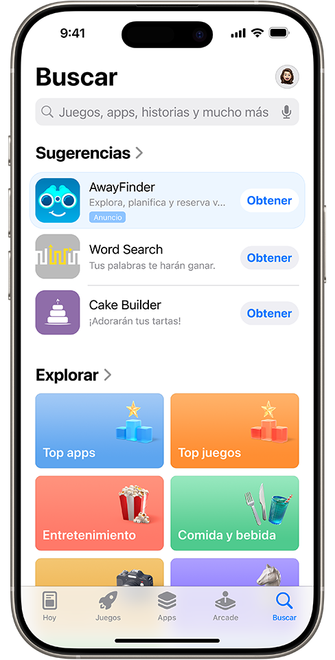 Un anuncio de la app de ejemplo AwayFinder que aparece en la pestaña Buscar en la parte superior de la lista de apps sugeridas.