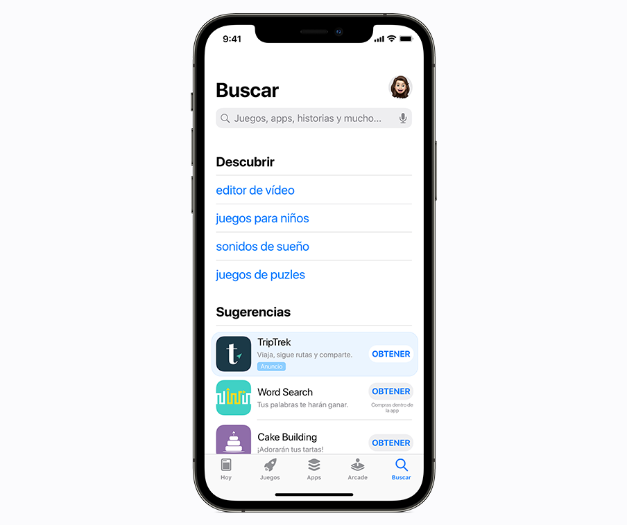 Ejemplo de un anuncio de la pestaña Buscar en el App Store.