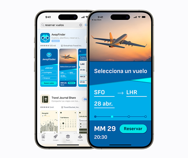 Dos iPhone, uno al lado del otro. Uno muestra en los resultados de búsqueda el anuncio de la app de ejemplo, AwayFinder, con el término «reservar vuelos» escrito en el cuadro de texto. El otro muestra una pantalla en la app AwayFinder con la opción «seleccionar un vuelo» y «reservar ahora».