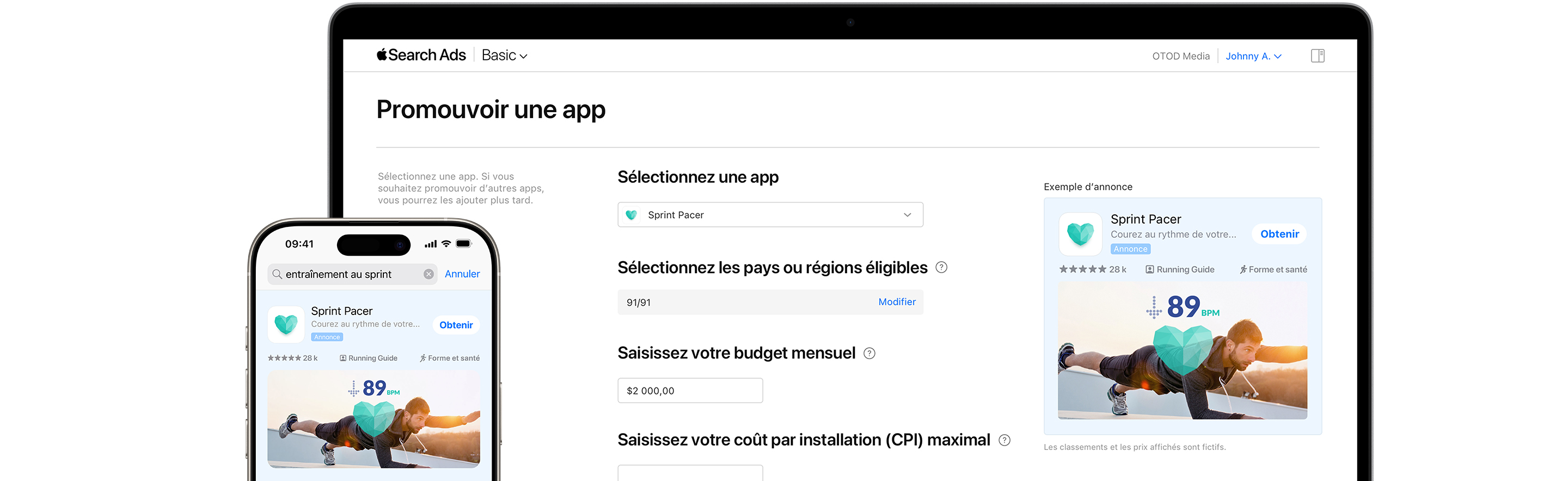 Un écran de MacBook affiche la page Promouvoir une app pour Apple Search Ads Basic. L’app fictive Sprint Pacer a été sélectionnée. Un iPhone à côté du MacBook présente une annonce de Sprint Pacer dans les résultats de recherche de l’App Store. 