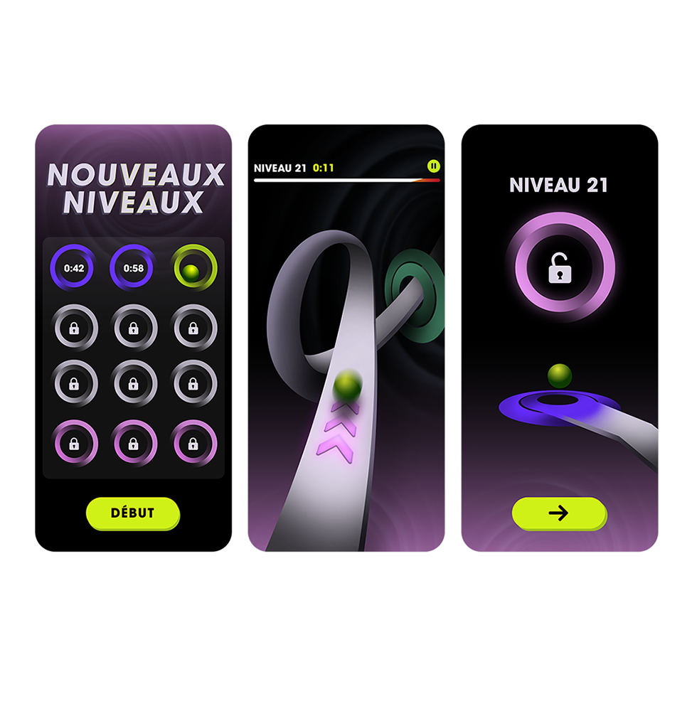 Une variation d’annonce pour une app fictive, NoMoss. Trois captures d’écran montrant de nouveaux niveaux du jeu pour mettre en évidence le nouveau contenu.