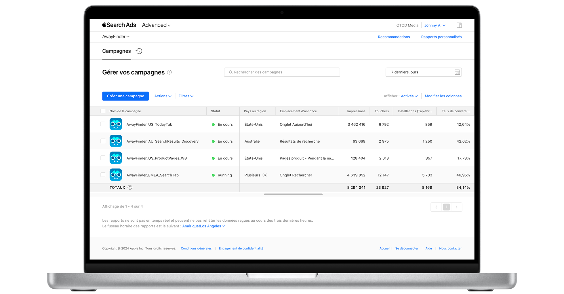 Le tableau de bord Campagnes d’Apple Search Ads, présentant des données de performance pour quatre campagnes différentes : dans l’onglet Aujourd’hui, dans les résultats de recherche, dans une page produit et dans l’onglet Recherche.